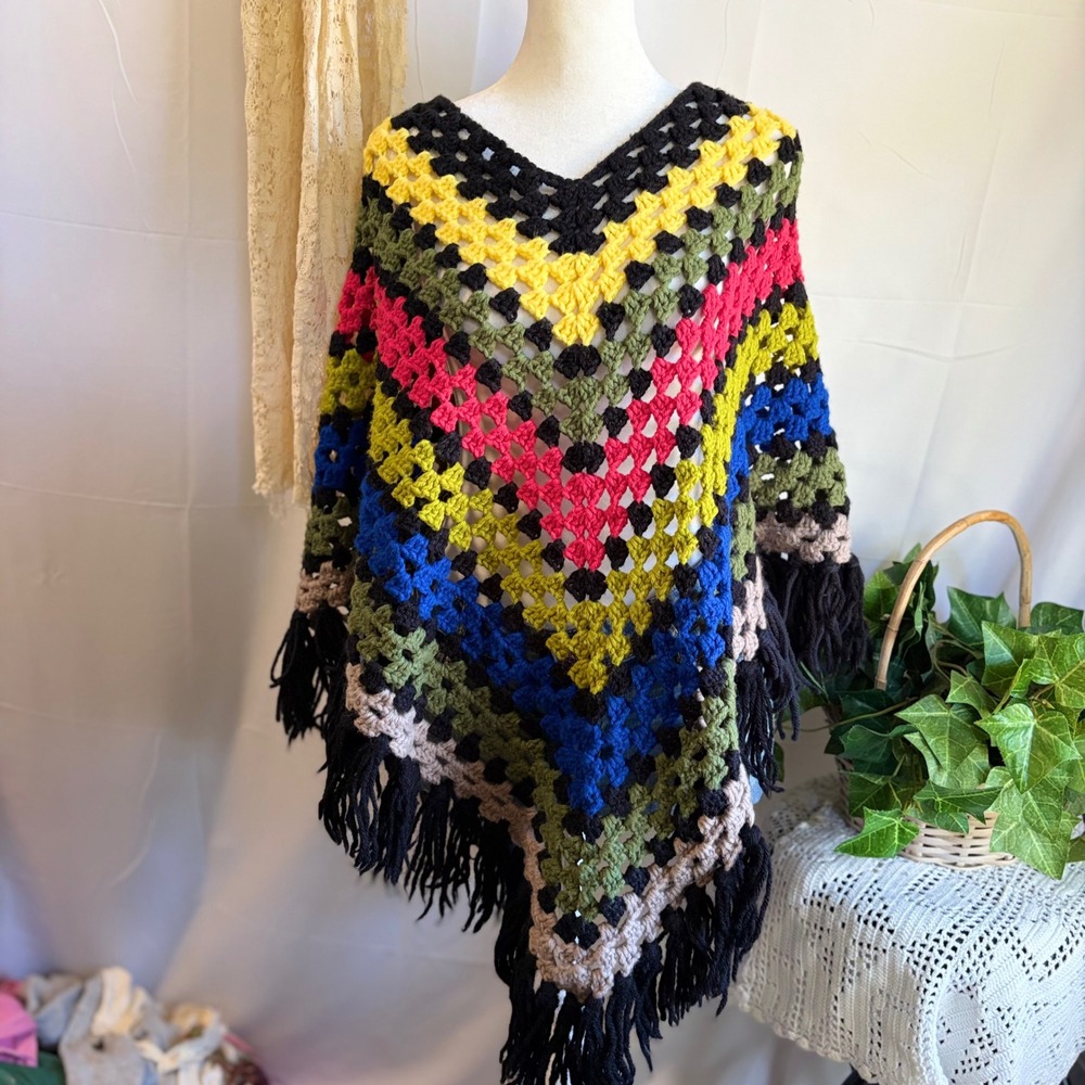 Y2K Boho Whimsical Handmade Crochet Granny Square Poncho Multi Color Fringe Boho
